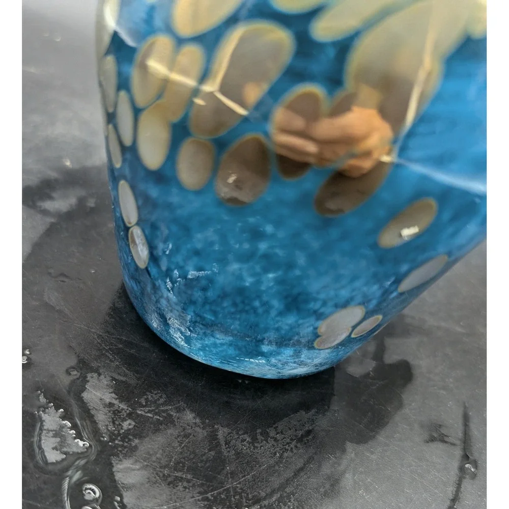 Hand Blown Blue Art Glass Vase Swirl Pebble Pattern Metallic Accents Artisan 6